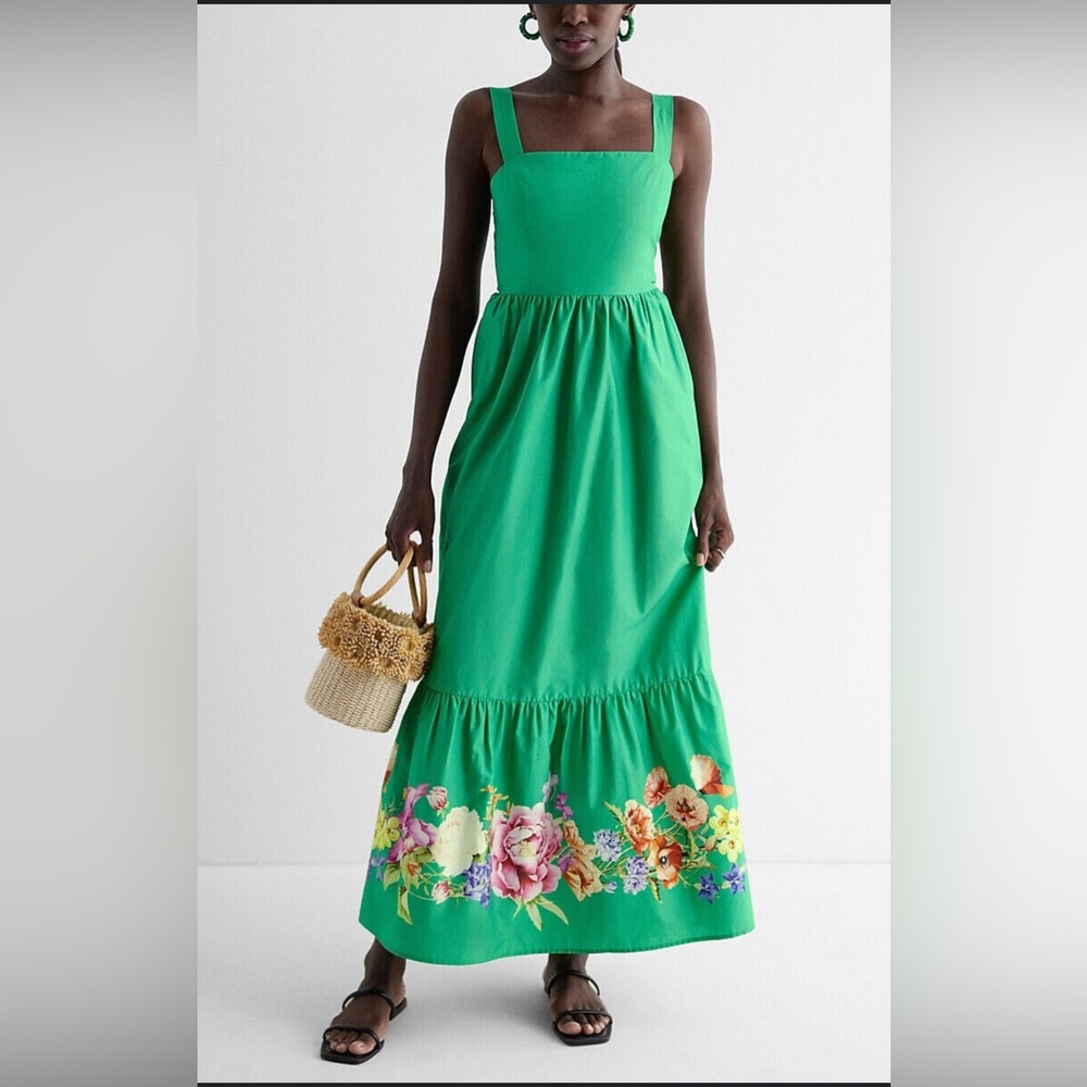 EXPRESS $128 GREEN FLORAL SQUARE NECK BOW BACK MAXI DRESS SZ XS